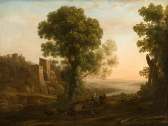 Landskap med bönder som återvänder med sina hjordar, omkring 1637