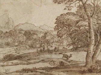 Landskap med en hjorthjord, 1666 (svart krita, gnuggad, med penna och brunt bläck på fläckigt, oblekt papper)