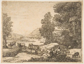 Herde och herdinna samtalar i ett landskap, ca. 1651.