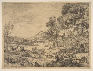 Herde och herdinna samtalar i ett landskap, ca. 1651.