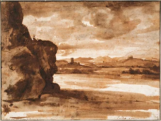 Tiberlandskap norr om Rom med mörk molnig himmel, mellan 1630 och 1640