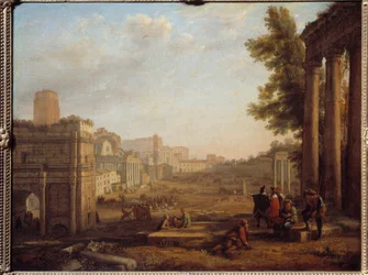 Utsikt över Campo Vaccino i Rom Forum Romanum omkring 1630 - Målning av Claude Gellee kallad Lorrain (1600-1682) 1600-talet sön 0,56x0,72 m Paris, Louvren