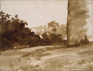 Vy över buskage med en vägg till höger, c1640