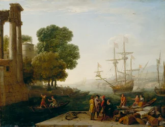A Seaport at Sunset, 1643 (olja på kopparpanel)