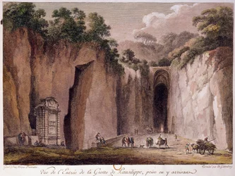 Vy över Pausilippes grotta (Posillipo) (eller "Grotta Vecchia"), nära Neapel. ritning av Chatelet.