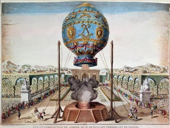 Bröderna Montgolfiers experiment den 19 oktober 1783 i Monsieur Réveillons trädgård, Faubourg Saint-Antoine i Paris. Gravyr av Claude Louis Desrais (1746-1816)