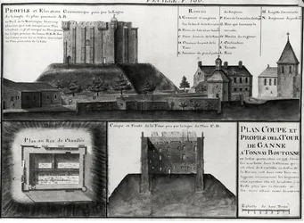 Fol.106 Tvärsnitts- och profilritning av Tour de Ganne vid Tonnay Boutonne, från Recueil des Plans de Saintonge (penna & bläck och wc på papper)