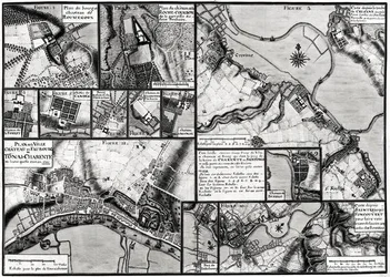Fol.7 & 98 Karta över städer och slott som ligger längs floden Charente 1714, från Recueil des Plans de Saintonge (penna & bläck och wc på papper)