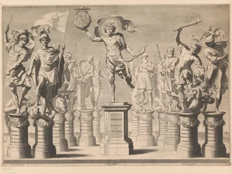 Allegori till ära av House of Savoy med legendariska figurer på piedestaler