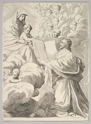 Kardinal Richelieu, Knästående, presenterar sin bok för jungfrun och barnet, ca. 1646.