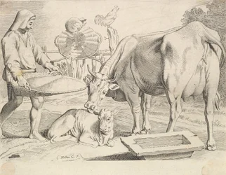 Landsscen med en bonde, ko och kalv.