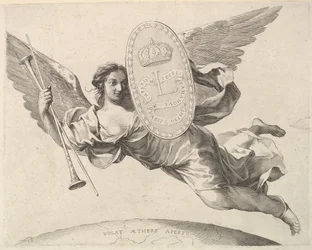 Fame som bär en sköld med initialen av Louis XIV La Renommée volant.
