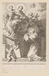 H. Bernard knäböjer inför en uppenbarelse av Jungfrun och barnet Titelsida för: Saint Bernardus, Divi Bernardi Abbatis (...), 1640