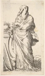 Klädd kvinna stående bredvid en sockel, hennes högra hand bär en palmkvist, en harpa r..., ca. 1620-88.