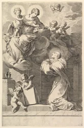Sankt Bernard knäböjer inför jungfrun och barnet, 1640.
