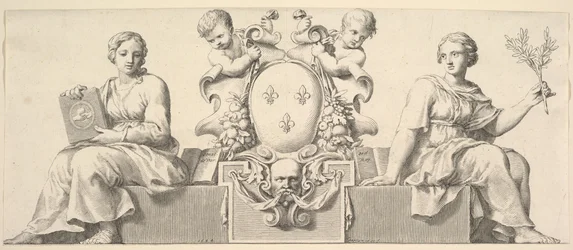 Frankrikes vapen åtföljda av personifieringar av lag och god tro, 1664.