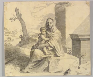 Jungfru och barn sitter på en klippa Jungfru och barn i ruiner, 1659.