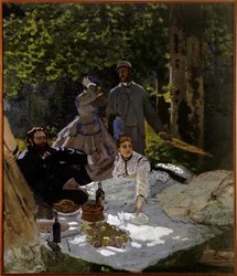 Frukost på gräsfragment. Vänster del. Höger sida: representation från vänster till höger av Gustave Courbet, Camille Doncieux och Frederic Bazille (stående i mitten). Målning av Claude Monet (1840-1926) 1865-1866 Sön. 2,48x2,17 m Paris, musee d