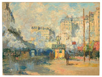 Exteriör av Saint-Lazare station, solljuseffekt, 1877