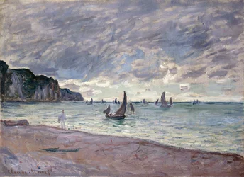Fiskebåtar framför stranden och klipporna i Pourville, 1882
