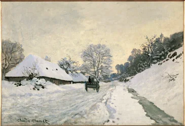 La charette, route sous la neige a Honfleur (olja på duk)