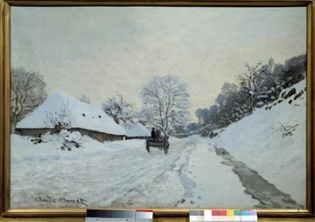 Kärran, snötäckt väg i Honfleur år 1867, målning av Claude Monet (1840-1926). 1867. Mått: 0,65 x 0,92 m. Paris, Musée d