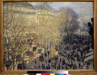 ""Le boulevard des Capucines"" Folkmassa av förbipasserande och trafik i operadistriktet i Paris. Målning av Claude Monet (1840-1926). Olja på duk. Impressionism. 1873. Mått 61x80 cm Pushkin-museet, Moskva
