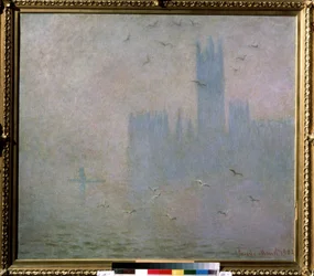 ""Måsar, Themsen, Londons parlament"" (Måsar. Themsen i London. The Houses of Parliament) Målning av Claude Monet (1840-1926). 1903-1904 impressionism. Storlek 81 x 92 cm Moskva. Pushkin Museum of Fine Arts
