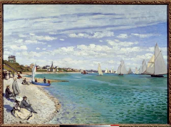 Regates vid Sainte Address Sainte-Adresse-stranden i Seines sjöfart. Målning av Claude Monet (1840-1926) 1867 Sön. 0,99x0,72 m New York, Metropolitan museum
