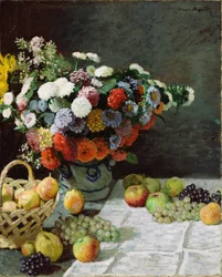 Stilleben med blommor och frukt, 1869
