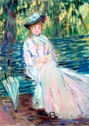 Kvinna sittande på en bänk, cirka 1874