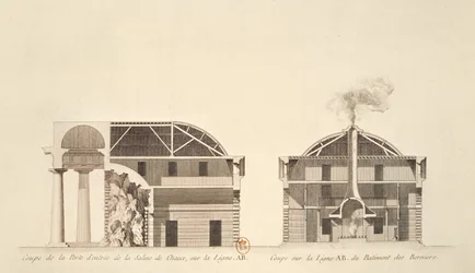 Tvärsnitt av ingången till saltverken i idealstaden Chaux, ca 1801