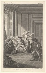 En man uppkrupen i en stol ser mot en annan man som närmar sig honom från vänster i..., ca. 1784.