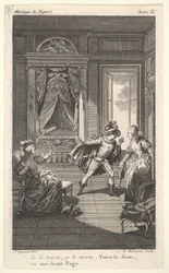 En man lutar sig mot en kvinna som står i en dörröppning till höger, till vänster en sittande kvinna höjer..., ca. 1784.
