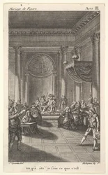 En man som sitter i en stol på en trappstegsplattform håller en publik, två pekande män står..., ca. 1784.
