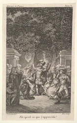 En ung pojke håller en fackla under träd i en trädgård, i mitten höjer en man båda armarna, s..., ca. 1784.