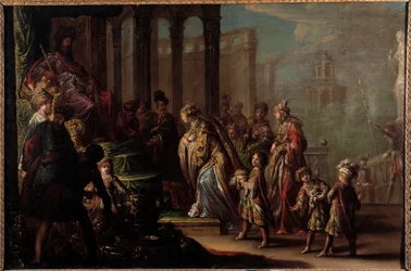 Salomo och drottningen av Saba säger också "" Ester före Assuerus 1er (Xerxes 1er)"" Målning av Claude Vignon (1593-1670) 1600-talets sön. 0,8x1,19 m Paris, msuee du Louvren