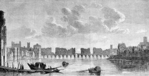 Den gamla Londonbron förstördes av den stora branden 1666. Gravyr från en målning av Claude de Jongh (1650) i Museum of South Kensington