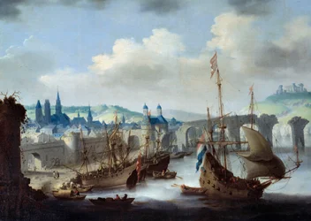 Utsikt över staden Rouen Fartygen ligger förtöjda vid Seines strand. Målning av Claude de Jongh
