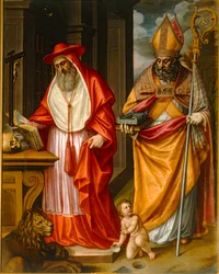 De heliga kyrkofäderna Hieronymus och Augustinus av Hippo med en modell av Escorial...