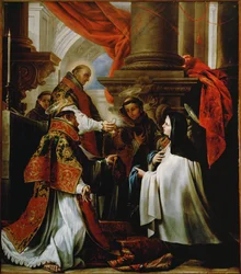 Nattvarden av den heliga Theresa av Avila; Petrus av Alcantara erbjuder värden, den heliga Franciskus och den heliga Antonius av Padua assisterar som diakoner (målning på duk)