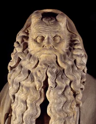 Flamländsk gotisk konst: profeten Moses. detalj av piedestalen med representationerna av Daniel, Zaccharia, Jesaja, Moses, Jeremia och David av Claus Sluter (1350-1406) känd som Mose Puits (eller Profeternas brunn)