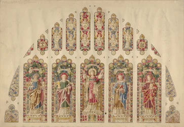 Design för ett fönster i målat glas med flera rutor, Church of the Divine Paternity, New York, ca 1898.