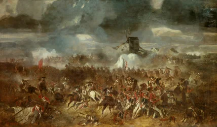 Napoleonkriget: ”Vy över slaget vid Waterloo den 18/06/1815”. Målning av Clément Auguste Andrieux (1829-1880), 1852, 1,1 x 1,93 m.