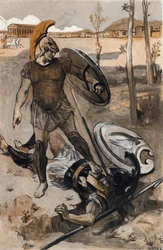 Hektors död: Hektor dödas av Akilles. Illustration av Clément Gontier (1876-1918) till Homeros ”Iliaden” (Omero). Paris, Henri Laurens