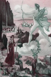Åkallan. Apollons vrede: Prästen Chryses åkallar Apollo och säger: "Låt grekerna kastas bort, av dina pilar, från tårarna de får mig att utgjuta!" . Illustration av Clement Gontier (1876-1918) för Homeres "Iliaden" (Omero). Paris, Henri Laurens