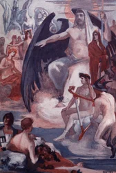 Jupiters försvar för att rädda trojanerna eller grekerna. Illustration av Clement Gontier (1876-1918) för Homeres "Iliaden" (Omero). Paris, Henri Laurens