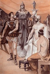 The Querelle of Achilles and Agamemnon: Minerva som steg ner från himlen kom nära bakom Achilles och grep honom i hans hår för att hindra honom från att dra sitt svärd mot Agamemnon. Illustration av Clement Gontier (1876-1918) för Homeres "Iliaden" (Omer