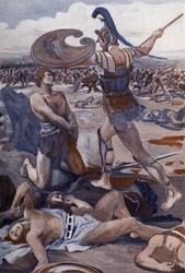Patroklos död: Hektor dödar Patroklos. Illustration av Clement Gontier (1876-1918) till Homeros ”Iliaden” (Omero). Paris, Henri Laurens