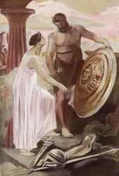 Akilles sköld skapad av Vulcan. Illustration av Clement Gontier (1876-1918) för Homeres "Iliaden" (Omero). Paris, Henri Laurens